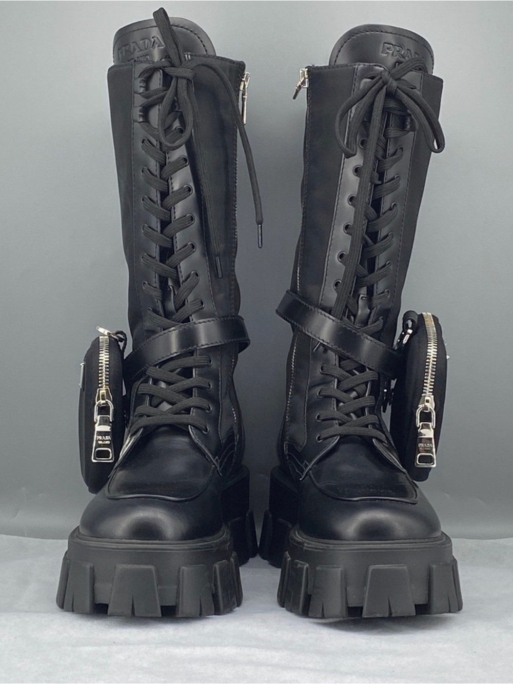 Prada Black Leather Nylon Lace-Up Combat Boots with Removable Zipper Pouches